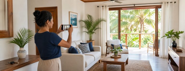 Propietaria fotografiando su vivienda para venderla o alquilarla en Nicaragua